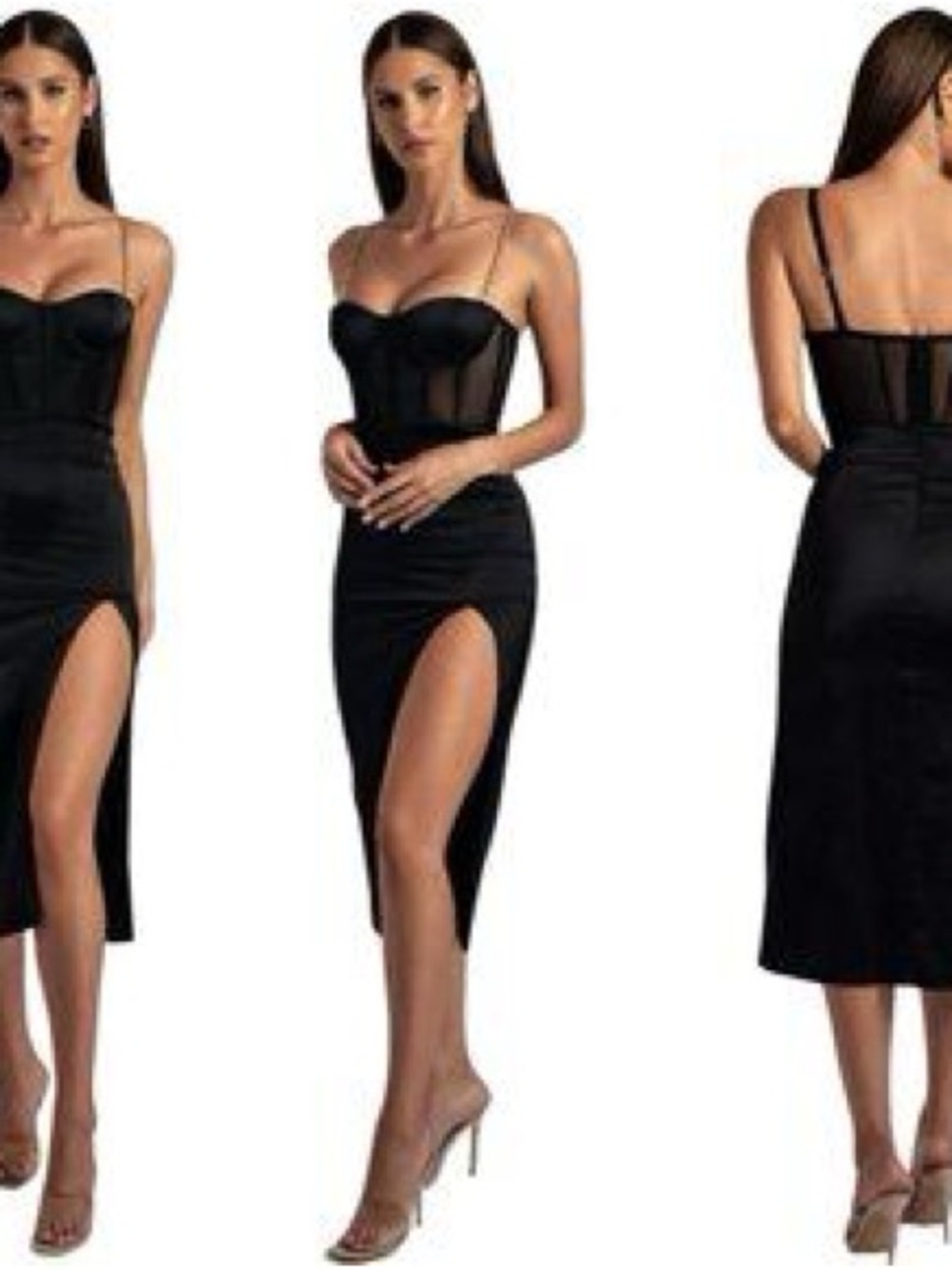 Meshki Black Satin Corset Midi Dress with Thigh Slit